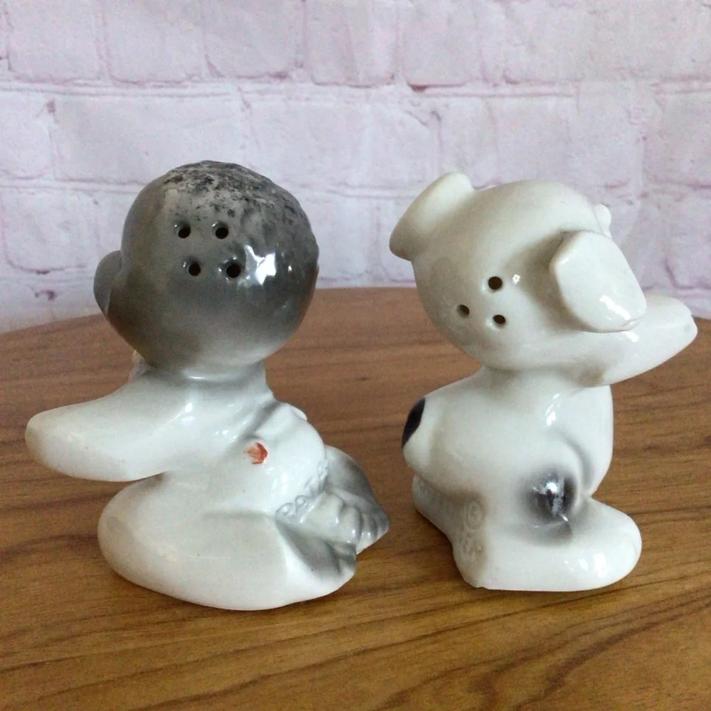Vintage Van Tellingen Boy and Puppy Salt and Pepper Shaker Pair